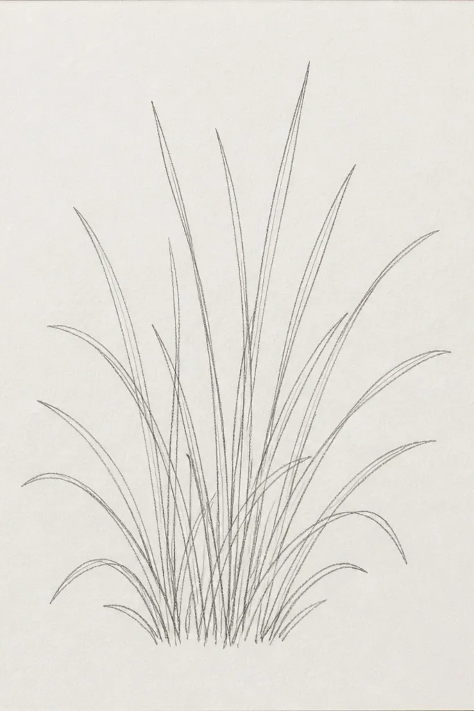 A rectangular frame made from grass. The inner area is mostly white paper, while the grass blades form a border with varied heights. The border has dark clumps at the corners and lighter strokes along the sides.