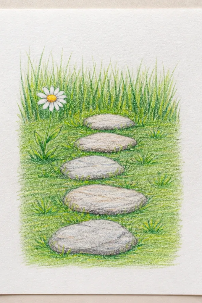 A small lawn scene with three stepping stones in the middle. Grass blades surround the stones, with darker clumps near the stones and lighter blades farther away. The stones are simple ovals with a shadow line beneath.