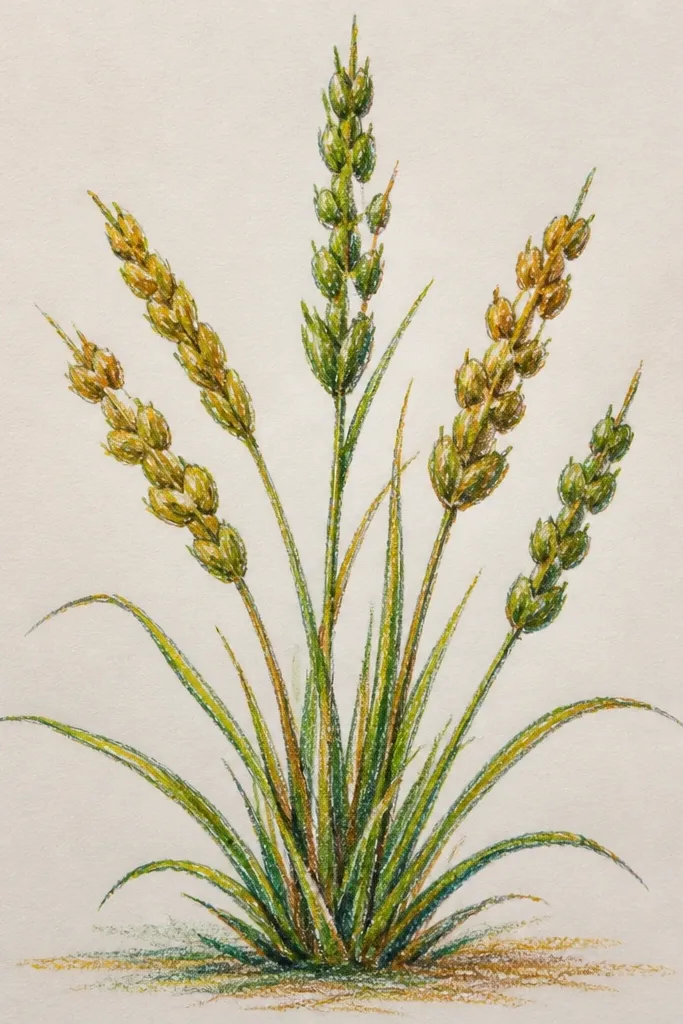 A knot-like design made from grass clusters. The center forms a loop, with grass blades radiating outward in small bundles. Dark clumps sit at the knot intersections and lighter blades fill the loop edges.