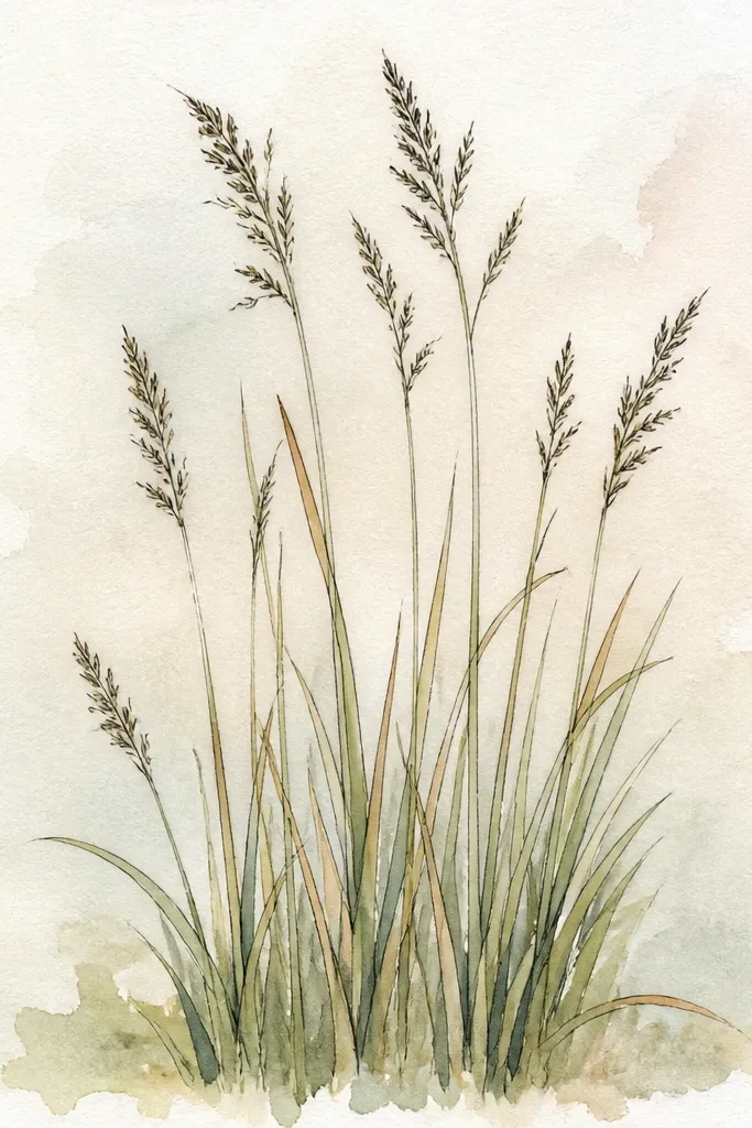 A pale watercolor sky and field wash with visible paper texture. Grass blades appear only at the bottom using dry-brush strokes and darker tips. The tops of the blades fade into the wash.