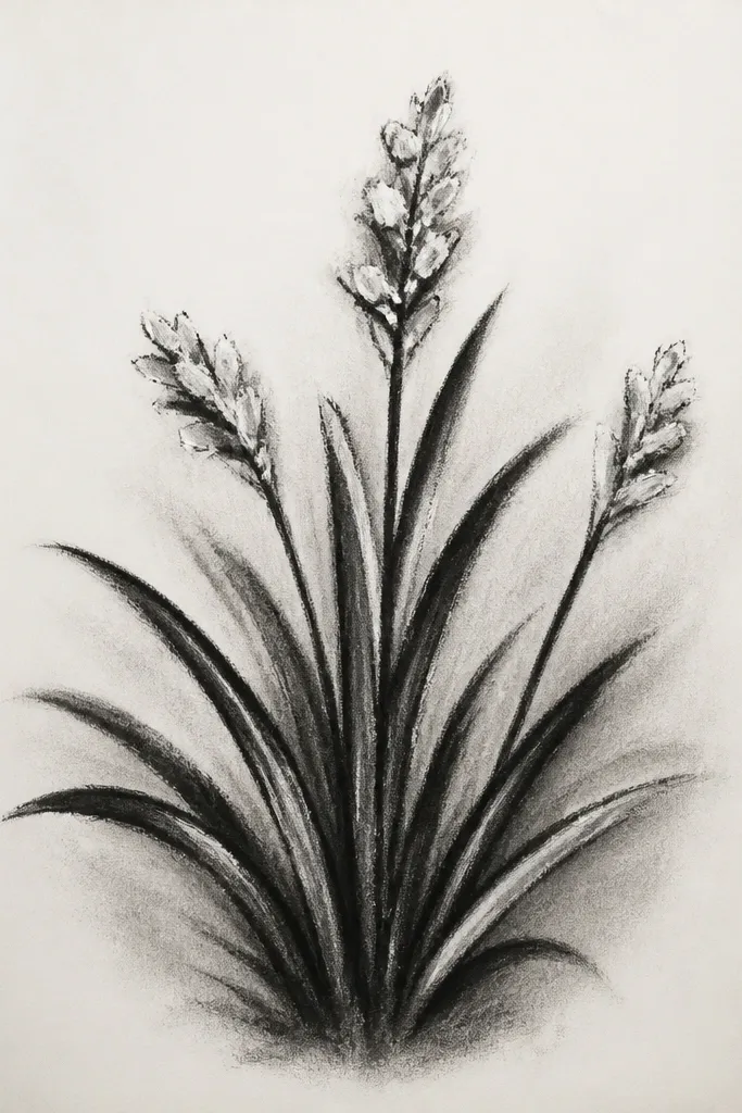 A monochrome grass drawing where dark graphite forms dense clumps. Thin blades are drawn in mid-gray, and bright white highlights appear at blade tips. The background is a light gray wash.