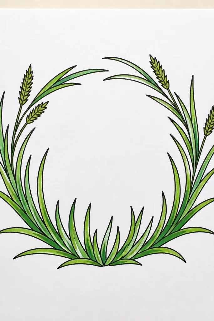 A circular wreath made from grass strokes. The circle edge has dense grass bundles, while the center is left mostly blank or lightly shaded. Dark clumps concentrate around the outer ring.