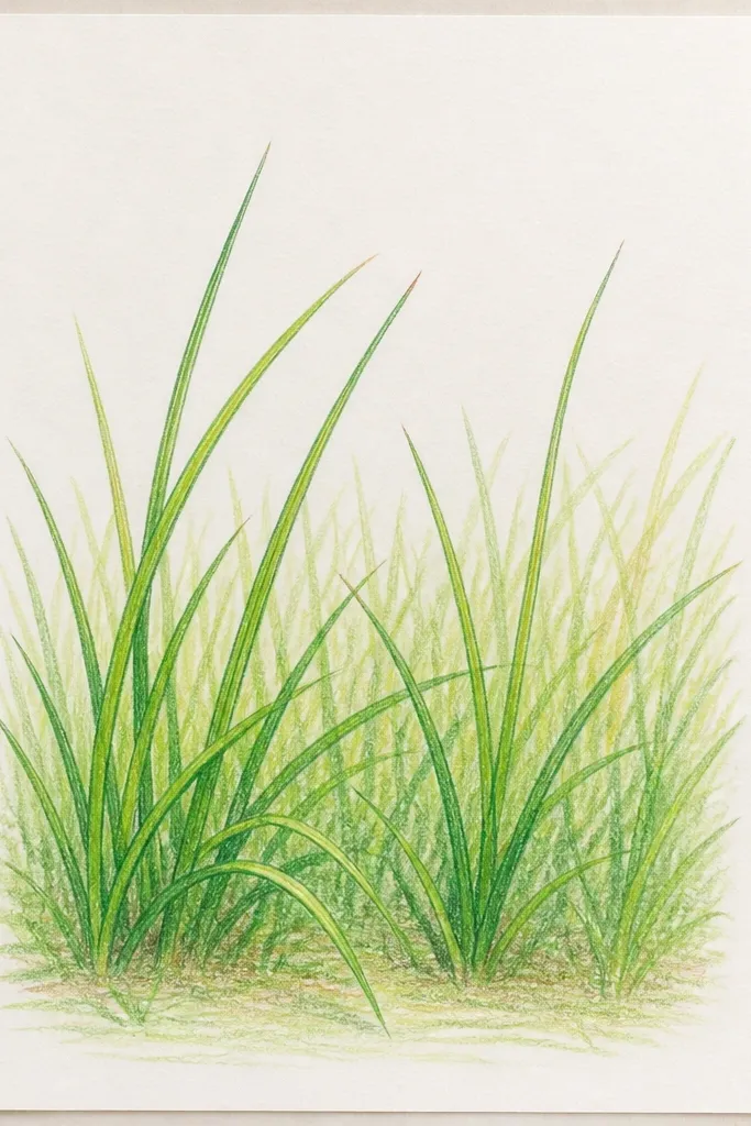 A scene with three depth zones. Foreground has sharp dark grass clumps with distinct blade tips. Mid-ground grass looks softer and lighter, and background is a pale tone with minimal detail.