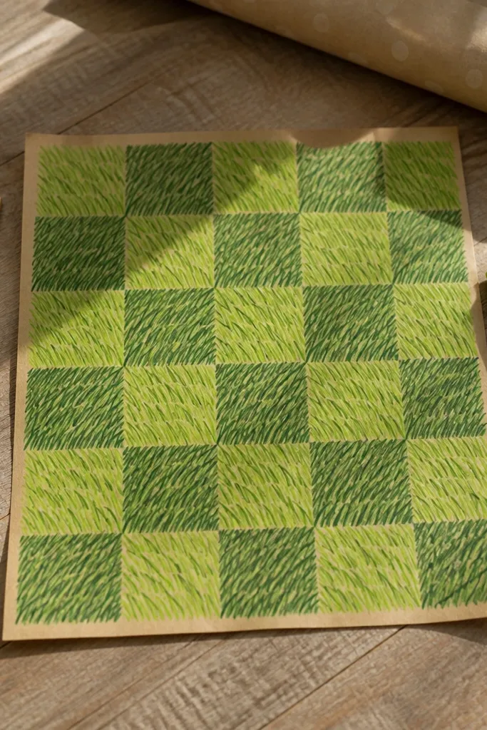 A square checkerboard pattern where each square has different grass stroke direction. Some squares have dark clumps and others have sparse blades. The colors alternate between pale and medium green.