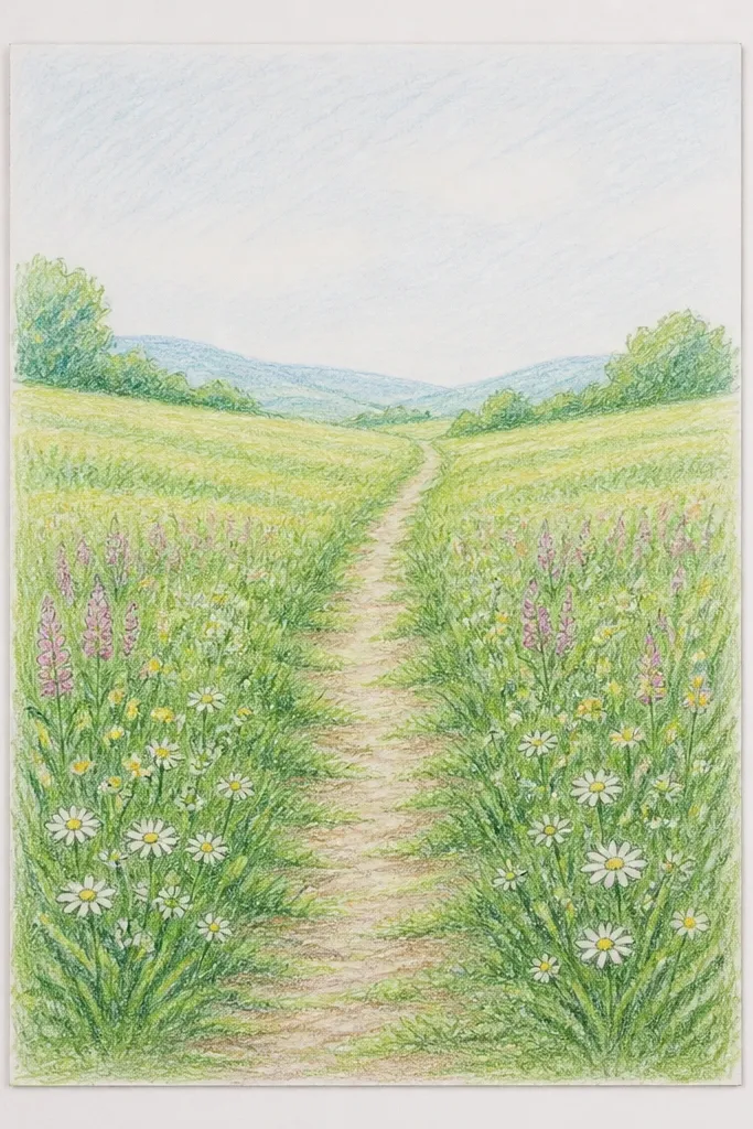 A path that narrows toward the center horizon. Grass blades flank the path and get shorter as they approach the vanishing point. The path is lighter and smoother, with subtle shadow edges.