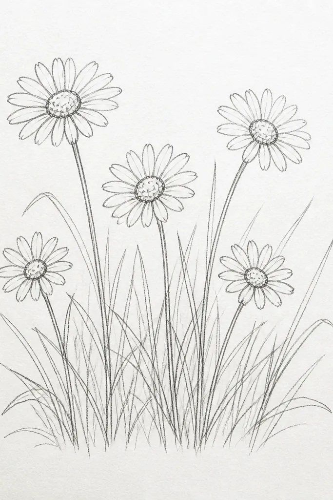 A meadow scene with a few small daisy flowers on top. Grass blades surround the flower heads, with lighter blades framing the white petals and darker blades underneath. The daisies have simple circular centers and short petal lines.