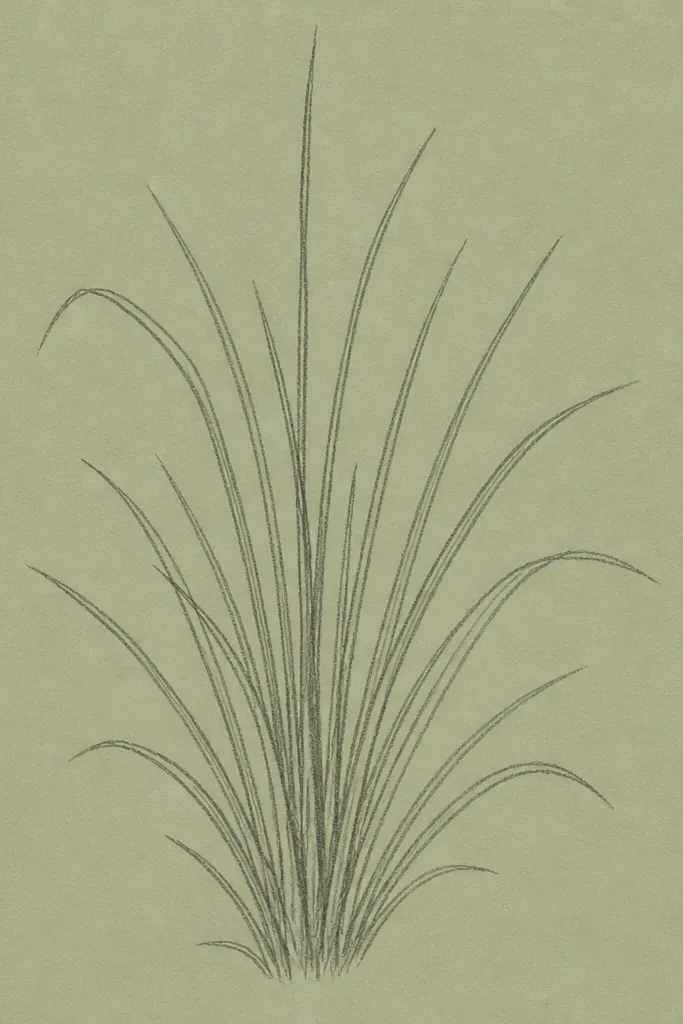 A drawing on sage-green paper. The grass blades are drawn in graphite, with darker clumps near the bottom and lighter highlights created by erasing. The background is the paper color, with minimal extra shading.