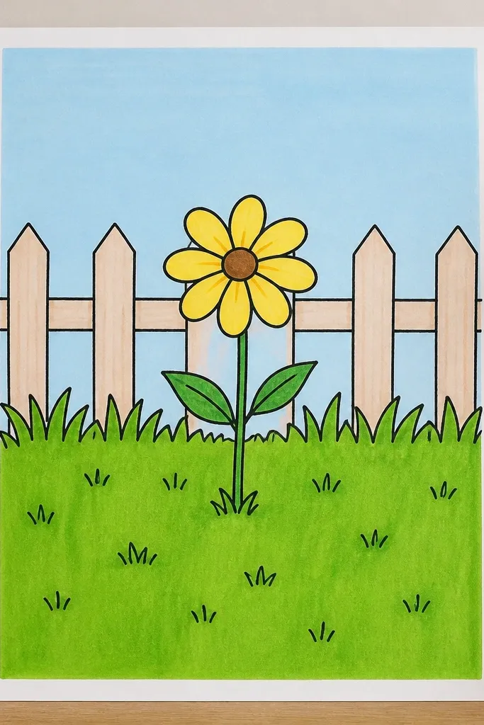 A simple backyard scene with a horizontal fence line across the middle. Grass grows in front of the fence with dense clumps at the bottom. The fence is drawn with thin vertical posts, and the grass overlaps the lower fence area.