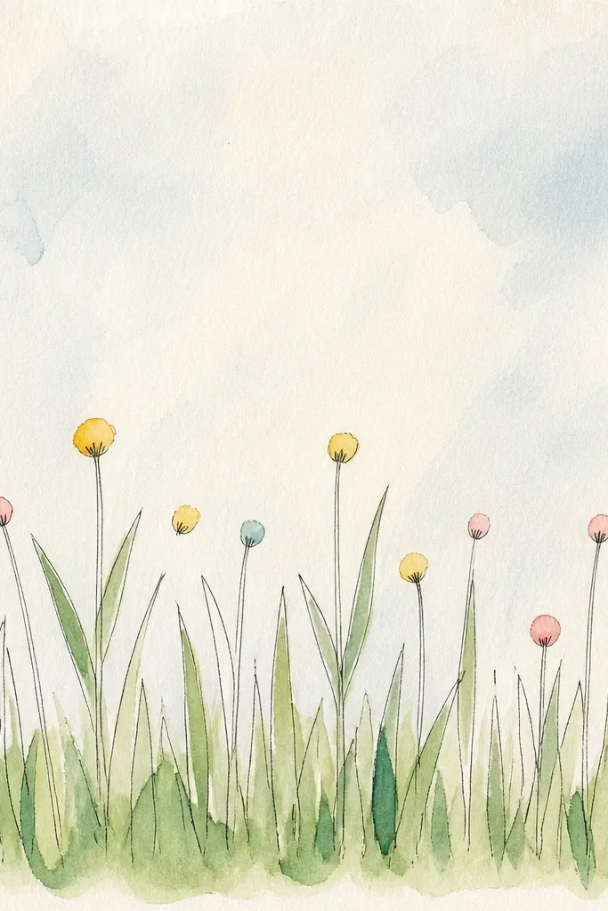 A border of grass blades around the edges of a page. Small round wildflower dots in pink, yellow, and white sit on top of the grass. The grass is darker at the bottom border and lighter near the corners.