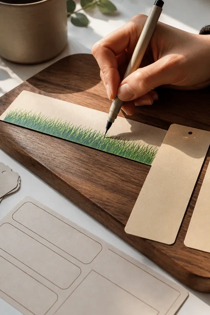 A long narrow strip like a bookmark filled with grass. The blades are short and repeated in bands, with a darker base near the bottom and lighter tops. A clean blank area sits in the middle for writing.