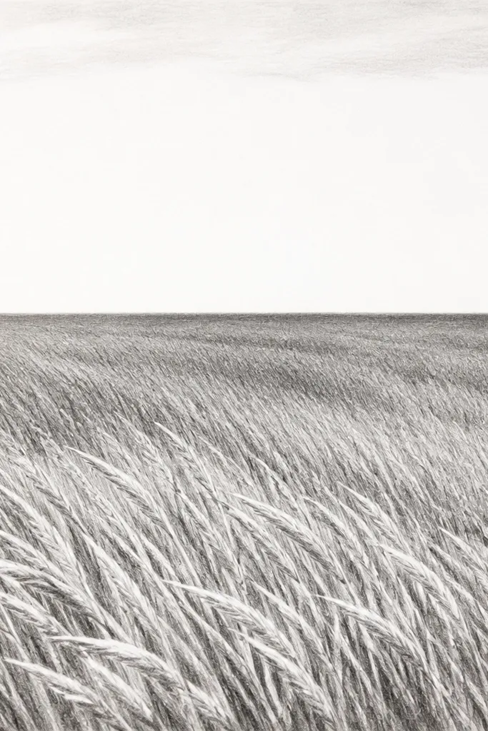 A pencil drawing of a meadow with a clear horizon line. Grass blades sweep diagonally from lower left toward mid-right, with lighter highlights near the bottom and darker, softer texture toward the horizon. The sky is mostly blank except for a faint pale band near the top.