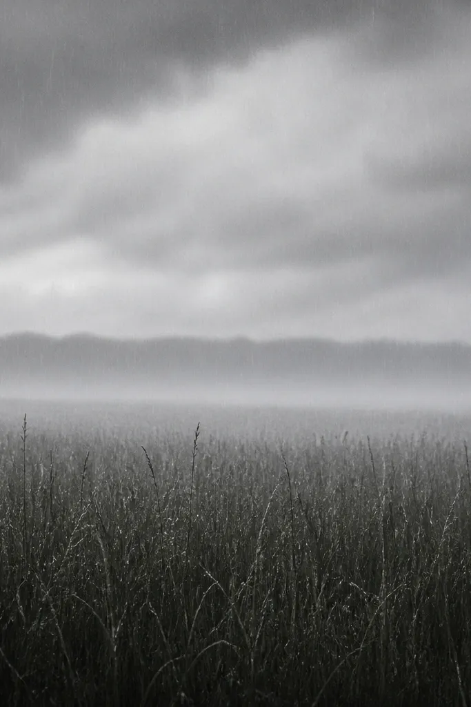 A rainy landscape sketch where grass blades stand mostly vertical. The foreground has darker, denser grass with tiny vertical lines suggesting rain streaks, while the midground fades into a gray haze. A faint darker band sits just above the horizon.