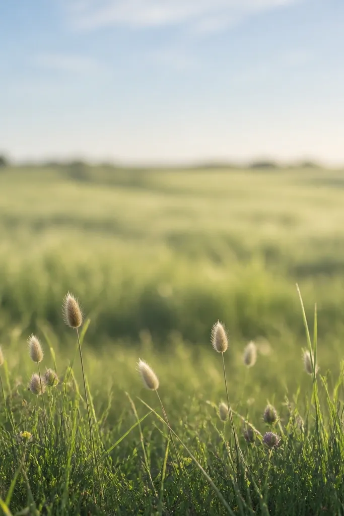 A grassy field border with uneven tufts along the bottom. Several seed heads rise above the grass like small feathery ovals, and tiny flower bumps sit among the blades. The rest of the field fades softly into the distance.