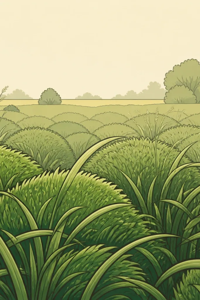 A stylized drawing where grass is made of rounded clumps and thick curved blades. The foreground has bold outlines and simple shading, while the background has flatter, lighter shapes. The horizon is a clean line with a minimal sky area.