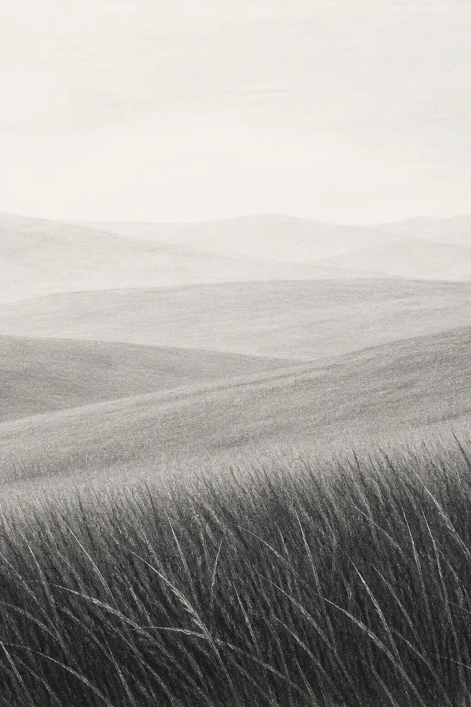 A minimalist pencil-only landscape. The grass is built from three clear shades: very light base, medium midground, and dark foreground. Blade tips are visible only in the closest area, while the distance is smooth and hazy.