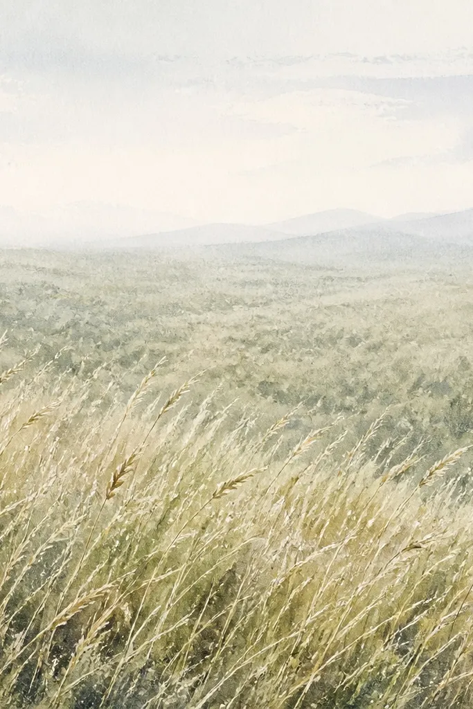 A watercolor painting where the sky is pale and the grass is mostly texture. The foreground shows dry-brush strokes that look like individual blades, while the midground is a speckled haze in green-gray tones and the background fades softly.