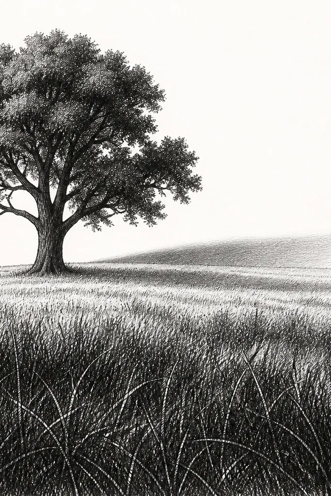 A black ink drawing with strong crosshatching in the grass. The foreground shows dense hatching with blade-like marks, while the midground has lighter crosshatch. Background area is mostly blank with only a soft diagonal shadow near the horizon.