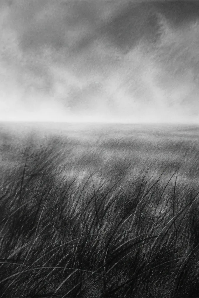 A charcoal drawing with smoky grass texture. The foreground has darker charcoal strokes that look like blades, and the midground dissolves into soft smudges. A slightly lighter strip near the horizon suggests haze.