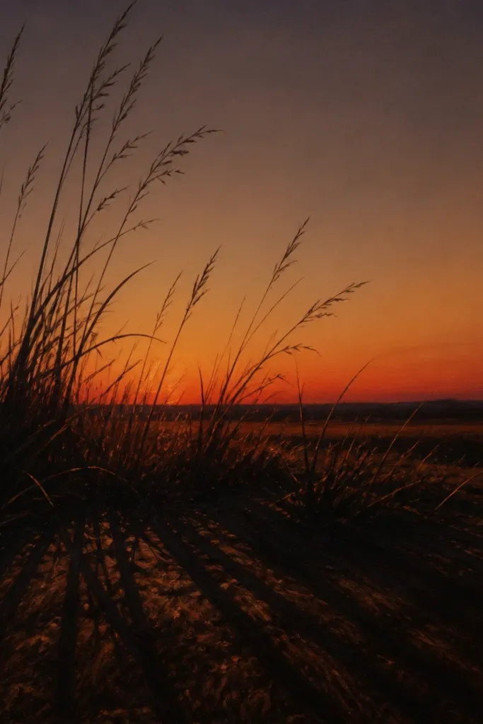 A drawing of an evening field where grass blades are drawn in silhouette with long shadow lines stretching across the ground. The foreground shows warm dark tones and a few pale highlights on blade edges. The horizon is dim with a warm gradient band.