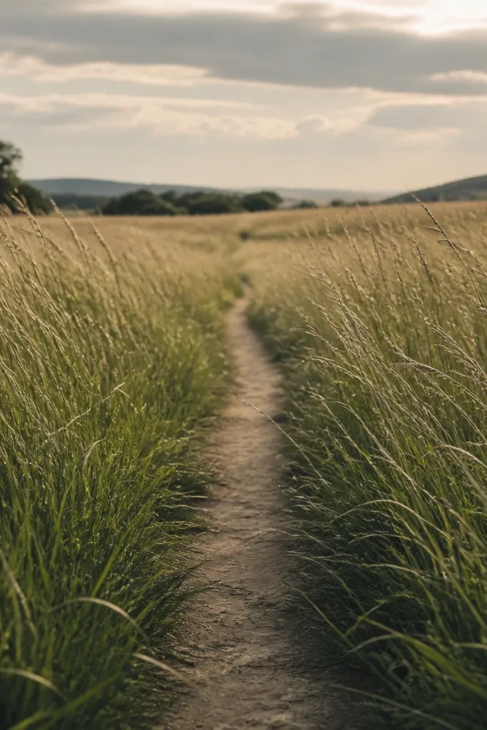 A field drawing with a narrow path running from bottom center to the horizon. Grass grows thick on both sides of the path, with blades leaning inward. The path has a slightly lighter value and softer edges as it recedes.