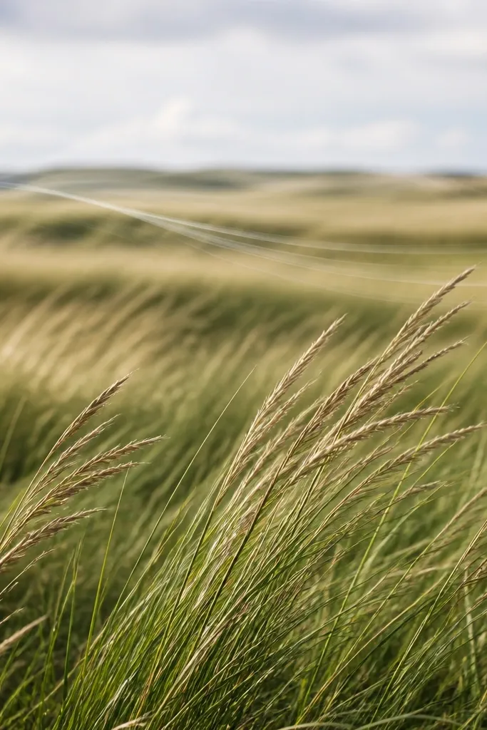 A layered field drawing with clear wind direction. Several clusters of grass lean in the same direction, and faint curved wind lines pass through the midground. Foreground blades are crisp while the background is softer.