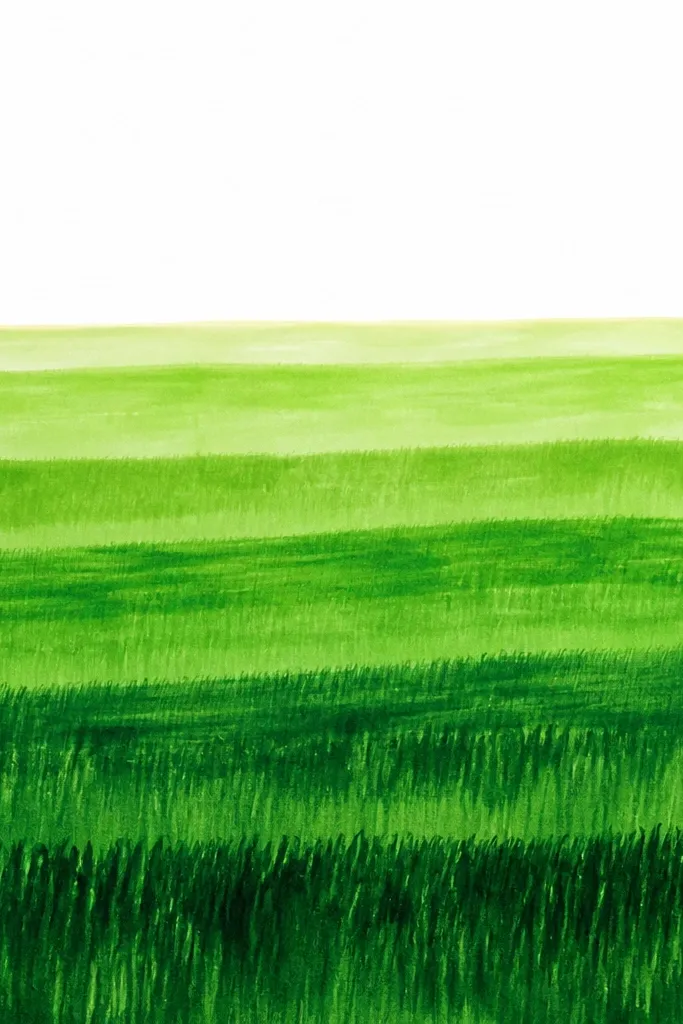 Marker grass drawn in bold horizontal stripes of green. The foreground has darker stripes with visible blade strokes, while the midground stripes fade into lighter greens. The sky area is plain white with a simple horizon line.