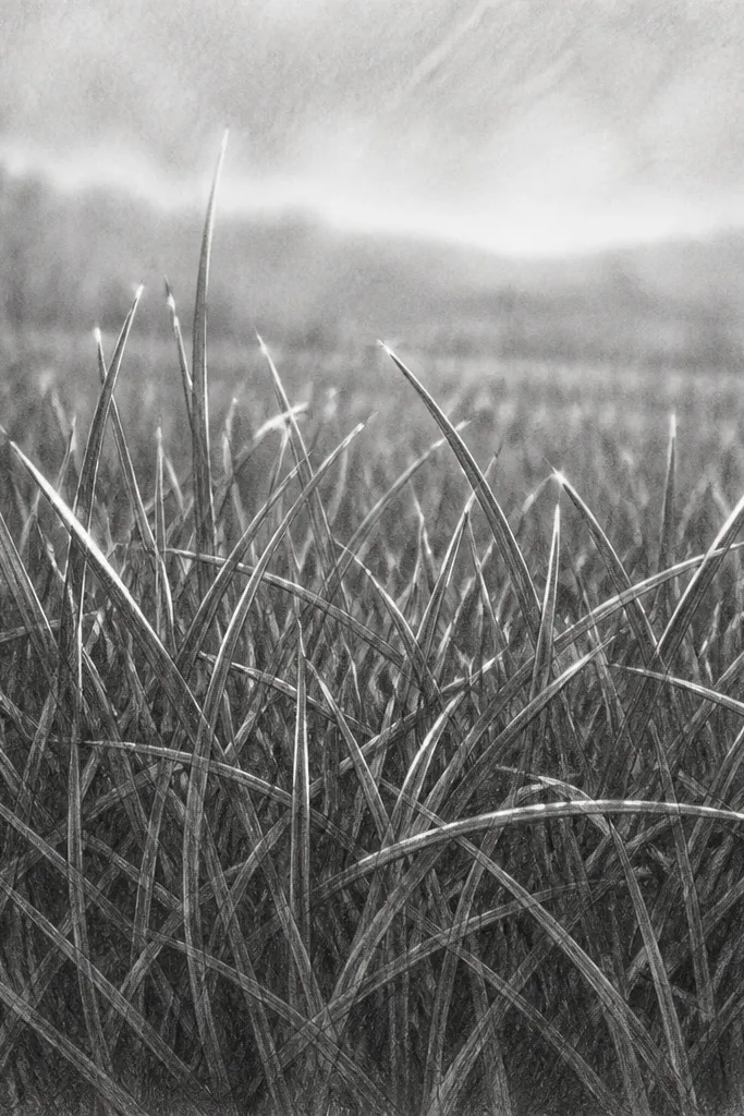A pencil field drawing with dense graphite grass texture. After shading, white gel pen highlights outline the top edges of some blade clusters, creating bright sparkles against dark graphite. The background fades into soft gray.