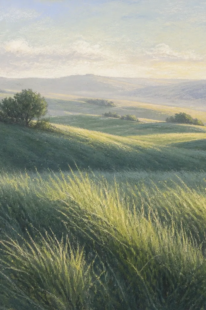 A pastel landscape with two main grass tones: cool dark gray-green and warmer lighter green. Foreground blades have visible pastel stick marks, while the midground fades into soft smudges. A side-light effect shows brighter grass on one side of blade clumps.