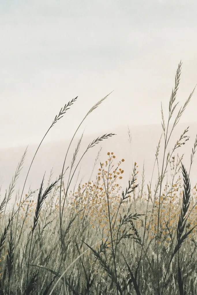 A meadow drawing where the grass blades are muted green and charcoal. Between the blades, there are scattered honey-ochre dot marks in clusters, especially in the mid-ground. The background has a soft pale sky gradient.