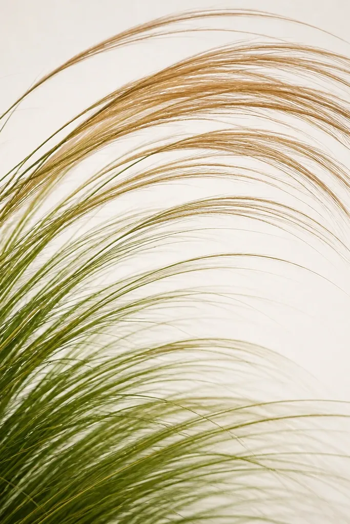 Grass blades sweep in a gentle spiral curve across the page, with the densest part of the blades starting at the lower left and curving toward the upper right. Colors fade from deep green at the base to warm brown at the tips.