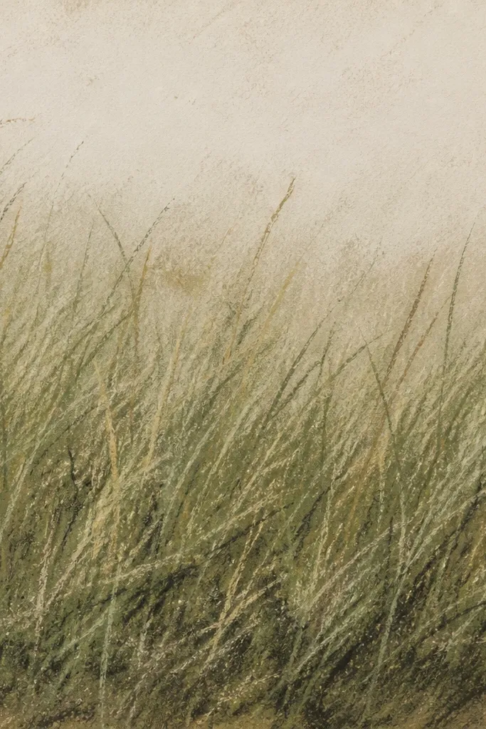 A grass field drawn in matte chalk on textured paper. The blades are mostly green and brown, with a few darker shadow smudges along the base. The top area is pale and dusty, with gentle blending.