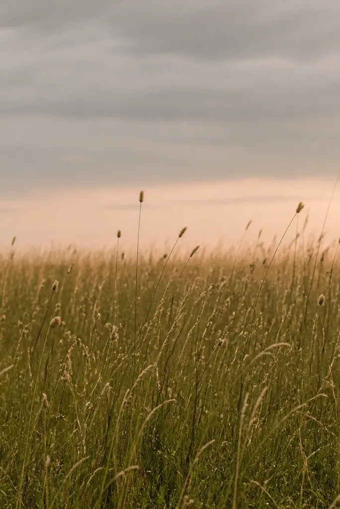 A dense olive grass field with thin vertical blades and small, rounded seed head marks on top. The seed heads are pale gold and spaced irregularly. The sky is a muted gray with a hint of peach near the horizon.