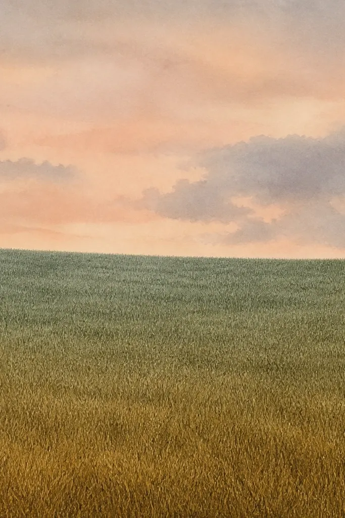 A gradient field where grass transitions from cool muted green at the top to warm olive-brown at the bottom. The blades are drawn as short repeated strokes, and the sky above is a soft watercolor wash in peach and gray.