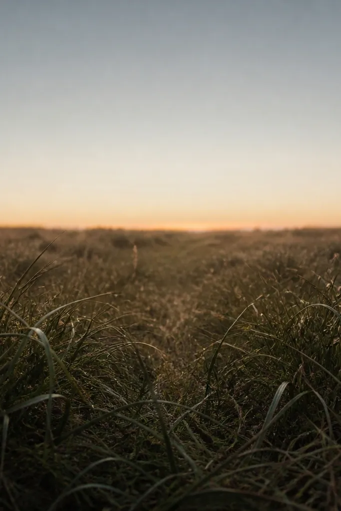 A small composition where the bottom third is dense grass in dark green and brown. The center of the field has fewer blades, creating a clear "path" of negative space. The sky is minimal with a thin warm line at the horizon.