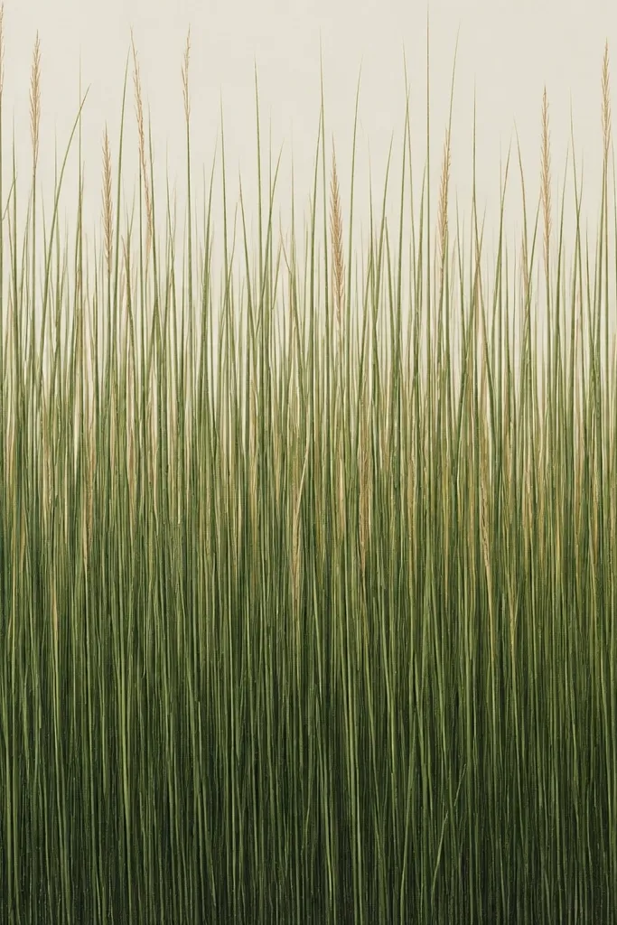 A field drawing where blades are mostly straight up, with very consistent vertical strokes. The density increases from top to bottom, like a fence of grass. The palette is muted green with tan highlights.