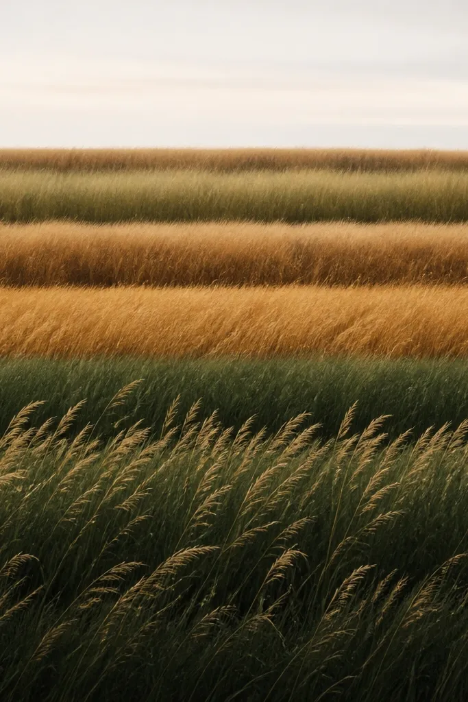 A stretched canvas with horizontal autumn stripes. Each stripe has grass drawn on top: deep green stripes with tan tips, olive stripes with brown shadows. The sky area is minimal with a thin wash near the top.