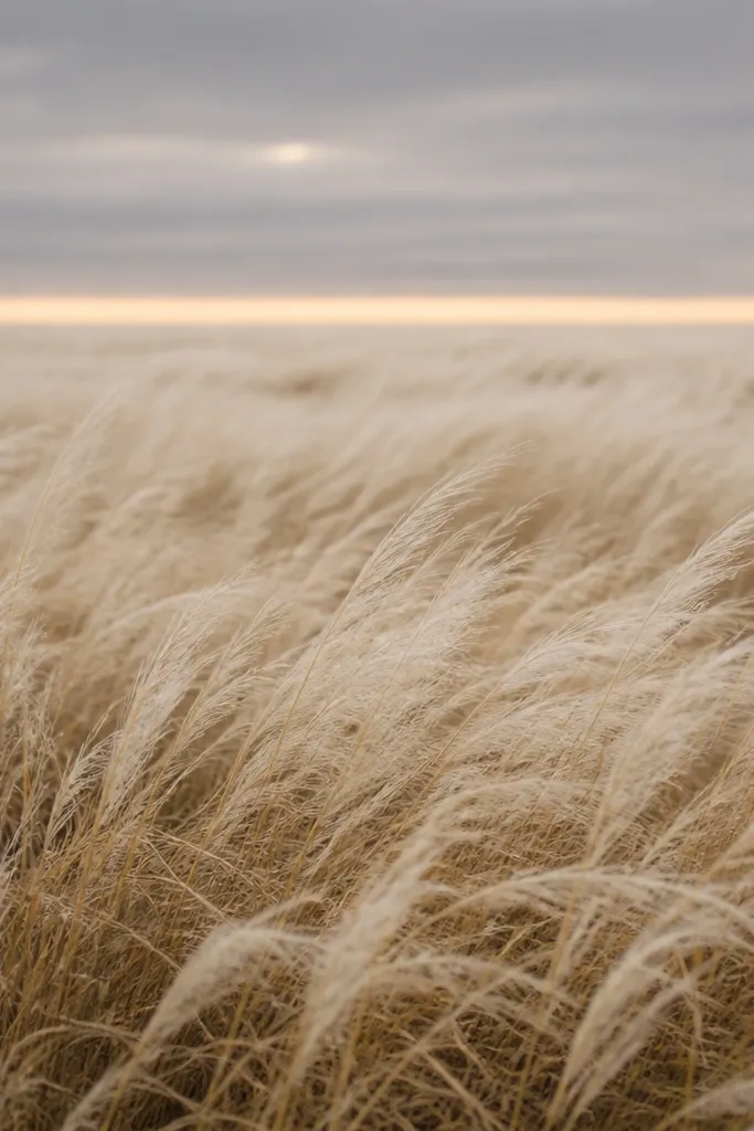 A feathery grass field where the blades look airy and slightly fuzzy. The foreground has more texture, and the mid-ground is lighter. The sky is muted gray with a soft warm line at the horizon.