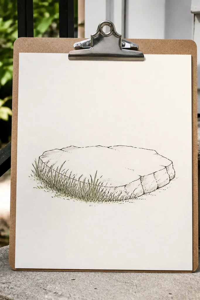 A centered dark grey rock outline with a low arc of grass blades around the base, all blades leaning left. The background is off-white with a faint wash, and the grass has a slightly darker shadow line under the blades.