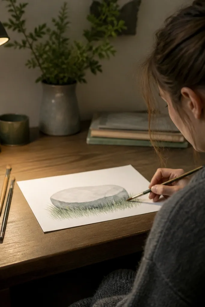 A wide, flat rock drawn in charcoal grey, with grass filling the bottom third. The grass has two layers: short pale blades in front and taller darker blades behind, all leaning left.