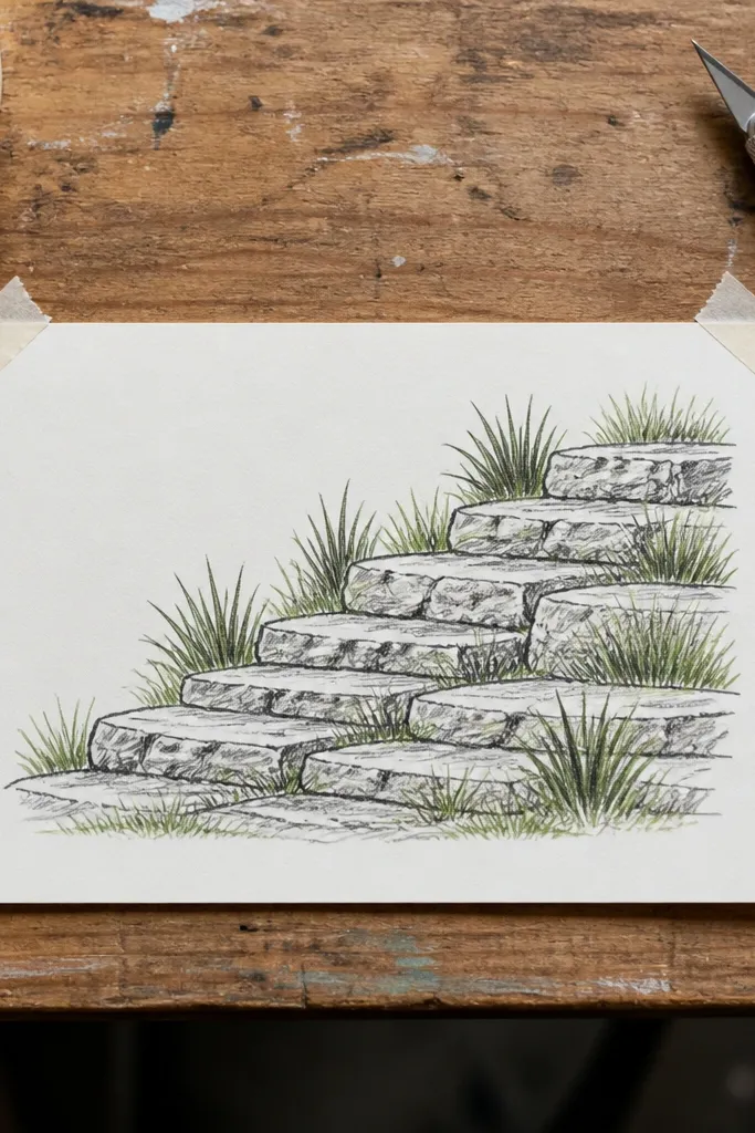 A set of three stacked rocks like small stairs, with grass growing in a checker pattern of short and medium blades. The blades lean left and have a subtle darker strip beneath the rocks.