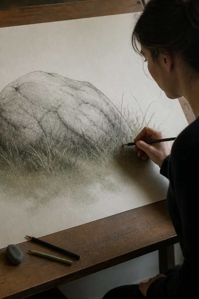 A charcoal-toned rock with a rough outline, surrounded by grass blades that fade into a soft smudge at the base. The blades lean left and the shadow is a smoky grey-green band.
