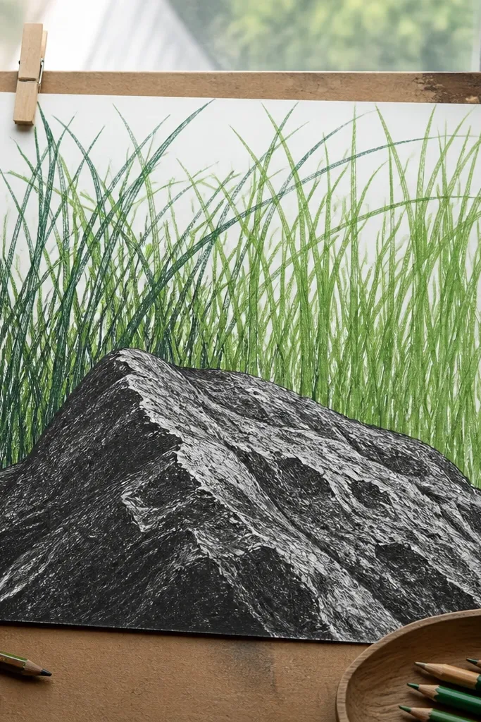 A large rock foregrounded in the lower center with tall grass behind it, like a veil. The tall blades lean left and vary in height, with darker shadows near the base.