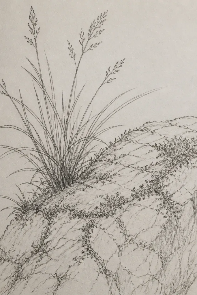 A rock with a rough edge, and the grass looks like moss along the rock perimeter. The grass area has tiny dot clusters in two greens, with clear blade outlines only at the outer edge.