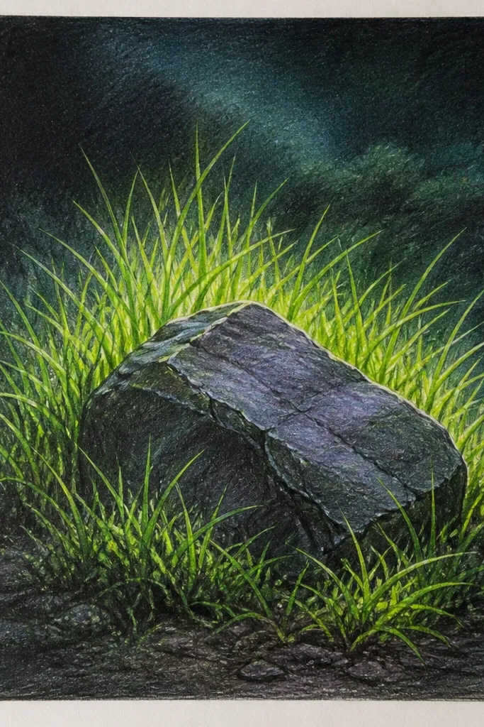 A dark rock on a deep navy background, outlined in pale grey, surrounded by neon-green grass blades. The neon grass has a darker undertone and a few tiny white highlights on tips.
