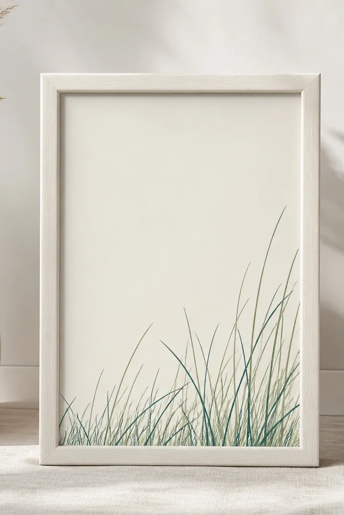 A 5x7 off-white frame with a narrow sea grass outline band along the bottom edge, blades rising mostly to the right, ink lines in dark teal and a few in lighter green.