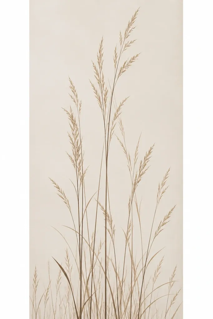 A tall, narrow canvas with a light sand background, sea grass outlines centered in vertical columns, tall blades reaching near the top and shorter ones along the bottom.