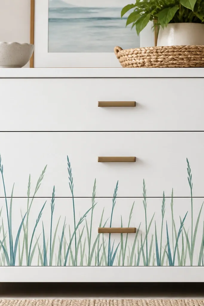 A painted white drawer front with a sea grass outline drawn across the lower third, some blades crisp from a stencil and the tips slightly irregular in green and teal.