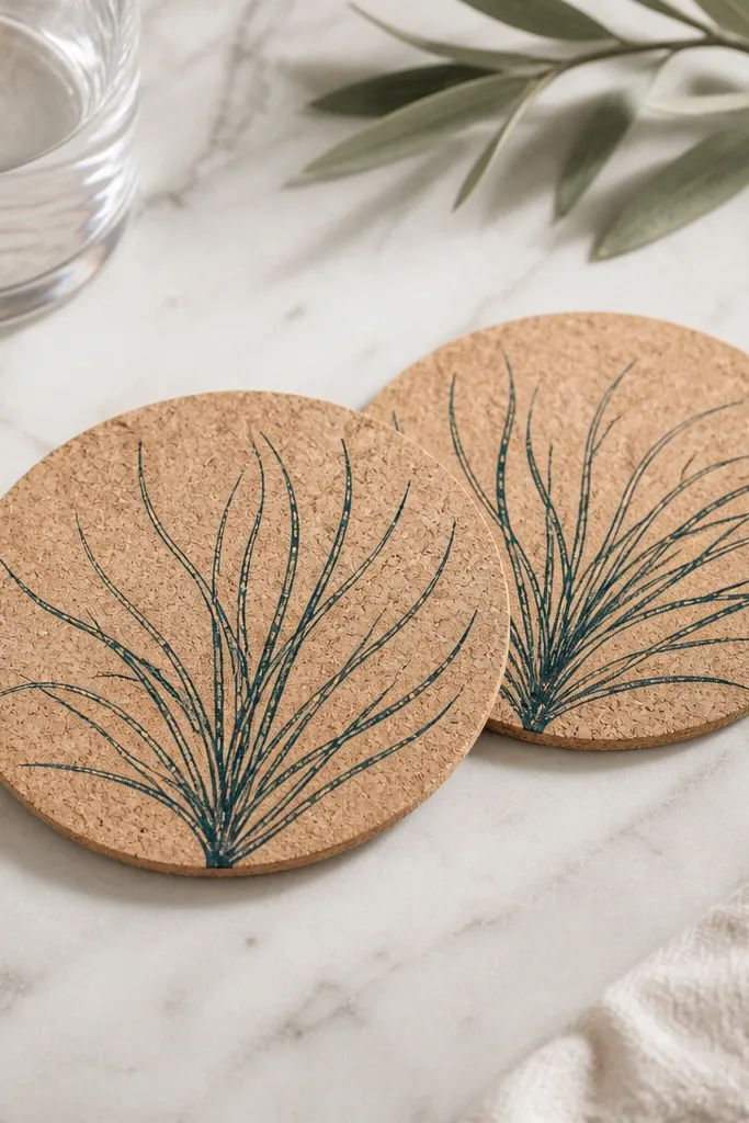 A set of two round coasters with light cork texture, dark teal sea grass outlines sweeping from the center outward like a fan.