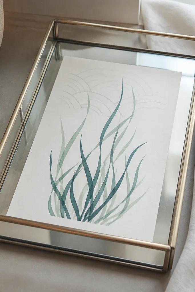 A small mirrored tray with a sheet of white paper under glass, sea grass outline drawing in dark teal and seafoam green, with faint wave arcs above.