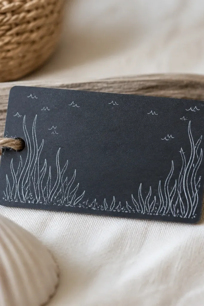 A small rectangular chalkboard tag with white chalk sea grass outlines along the bottom, tiny wave marks above, and a simple handwritten label area in the center.